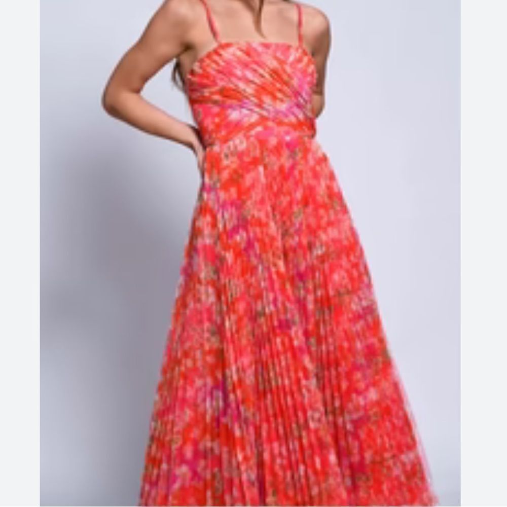 Hutch Red Pink Floral Pleated Midi Dress
